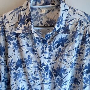 Adiva Blue Floral Eyelet Button-Down Blouse